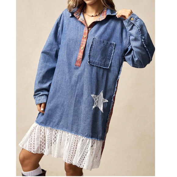 Western Plaid Print Star patchwork Denim Jean Mini Dress - Picture 6 of 6